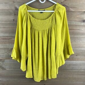Zac & Rachel Womens Shirt Smocked 3/4 Ruffle Sleeve Peasant Green Yellow Size 2X